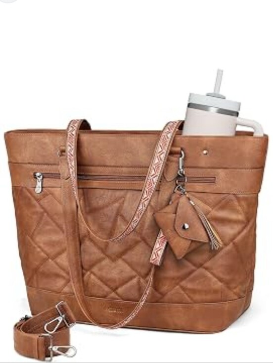 Fadeon Handbags - Fadeon Brown Quilted Soft Faux Leather Extra Large Laptop Tote With Strap.